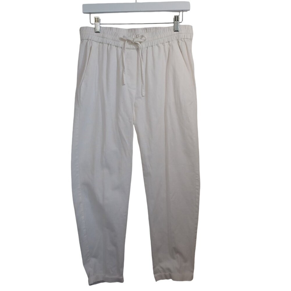 J Crew Linen Blend Pants White Pull On Straight Leg Cuffed Elastic Waist Size 6